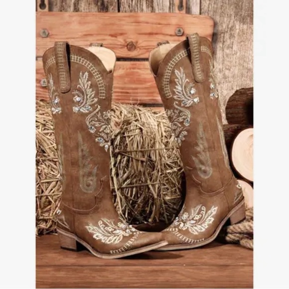 Embroidered Brown Western Cowboy Boots with rhinestones knee high women’s 8.5 - Picture 1 of 11